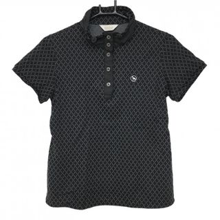 【超美品】アダバット 半袖ハイネックシャツ 黒×白 総柄 ワッペン レディース 38(M) ゴルフウェア adabat