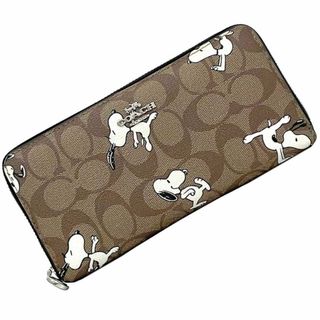 コーチ(COACH)のコーチ ラウンドファスナー 長財布 ベージュ ブラック シグネチャー ピーナッツ C4596 財布 PVC レザー 中古 COACH スヌーピー PEANUTS コラボ キャラクター アニメ 総柄 レディース 小物 定番 人気 お洒落(財布)