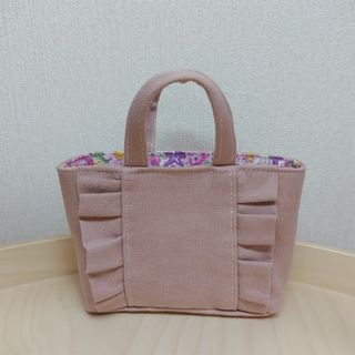 大人可愛い フリルミニトートバッグ風ポーチ ピンク 花柄裏地(ポーチ)