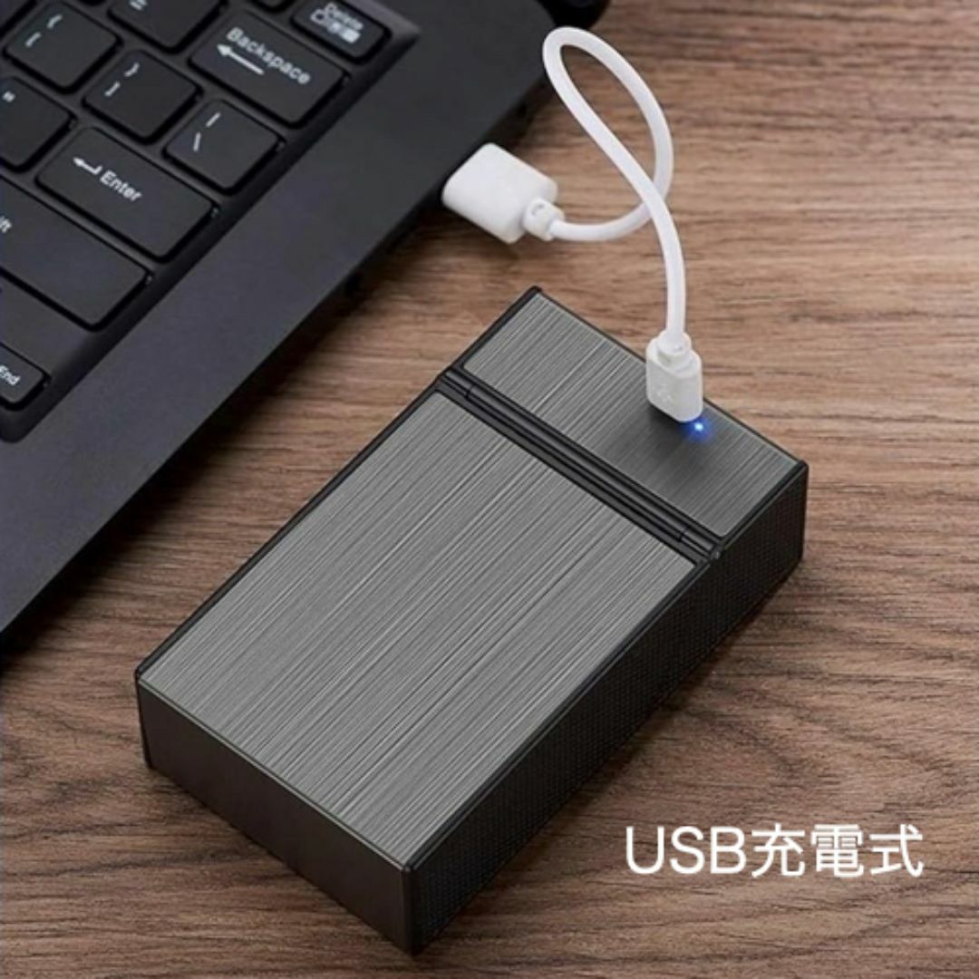タバコケース 電子ライター 内蔵 グレー USB充電 アルミ メンズのファッション小物(タバコグッズ)の商品写真