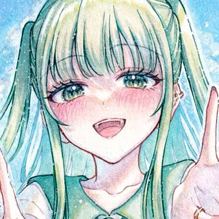 手描きイラスト オリジナル 創作 原画 B6サイズ 女の子 青 緑 制服
