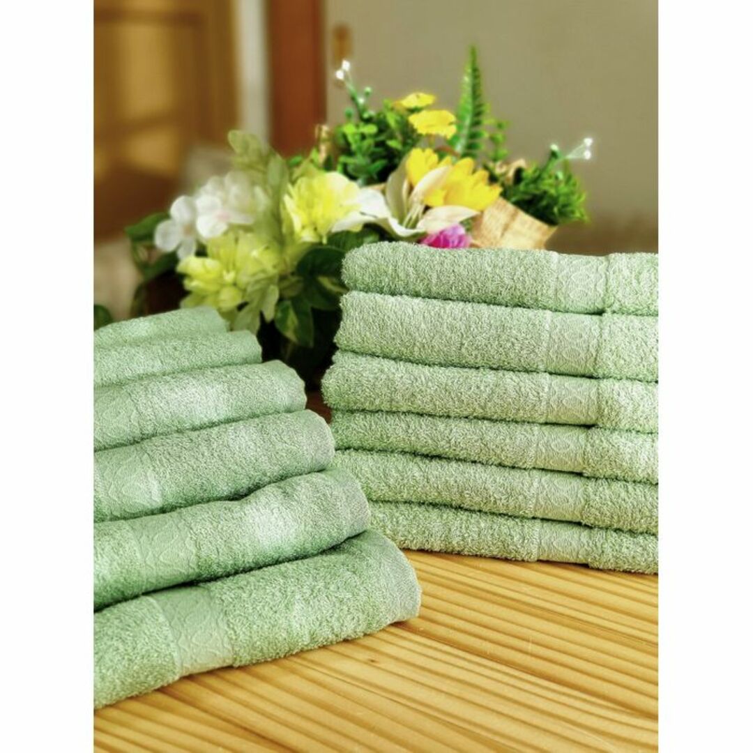 ［泉州タオル］ 高級綿糸モスグリーンフェイスタオルセット5枚組　タオル新品 インテリア/住まい/日用品の日用品/生活雑貨/旅行(タオル/バス用品)の商品写真