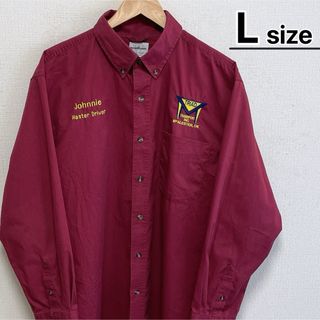 USA古着　ワークシャツ　長袖　L　ワインレッド　赤　刺繍　企業　ロゴ　ネーム