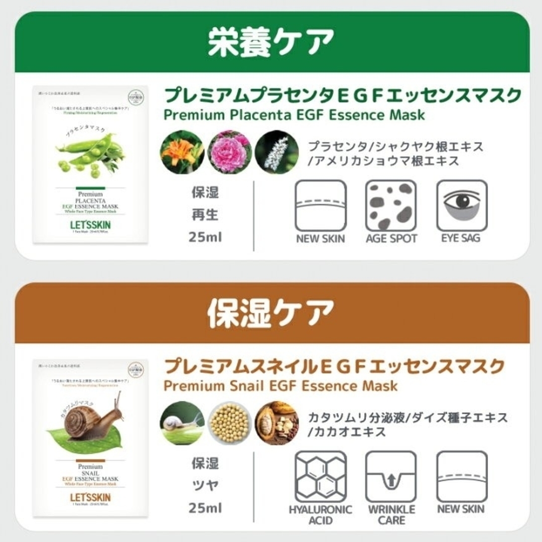 Let's skin(レッツスキン)の全10種類50枚☆LET'S SKINプレミアムEGFエッセンスマスク コスメ/美容のスキンケア/基礎化粧品(パック/フェイスマスク)の商品写真