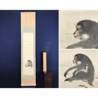 真作/松浦春挙/松浦春叢/猿之図/落ち葉サル図/花鳥図/掛軸☆宝船☆AJ-638(絵画/タペストリー)