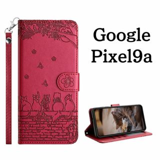 Google Pixel9a ケース 手帳型 猫 花柄 レザー レッド カバー