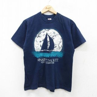 フルーツオブザルーム(FRUIT OF THE LOOM)のL★古着 フルーツオブザルーム 半袖 ビンテージ Tシャツ メンズ 90年代 90s ヨット ウィニペソーキー コットン クルーネック USA製 紺 ネイビー 25jul24 中古(Tシャツ/カットソー(半袖/袖なし))