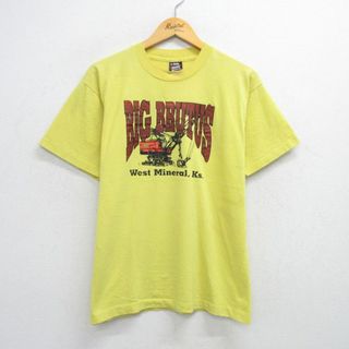 フルーツオブザルーム(FRUIT OF THE LOOM)のL★古着 フルーツオブザルーム 半袖 ビンテージ Tシャツ メンズ 90年代 90s ビッグブルータス ショベルカー クルーネック USA製 黄 イエロー 25jul24 中古(Tシャツ/カットソー(半袖/袖なし))