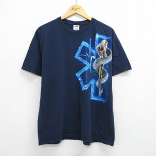 フルーツオブザルーム(FRUIT OF THE LOOM)のXL★古着 フルーツオブザルーム 半袖 ビンテージ Tシャツ メンズ 00年代 00s ヘビ EMS コットン クルーネック 紺 ネイビー 25jul24 中古(Tシャツ/カットソー(半袖/袖なし))