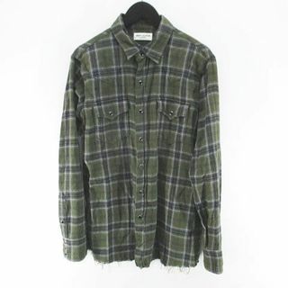 サンローラン パリ チェック柄 ネルシャツ S 緑 グリーン 日本製 カットオフ(シャツ)
