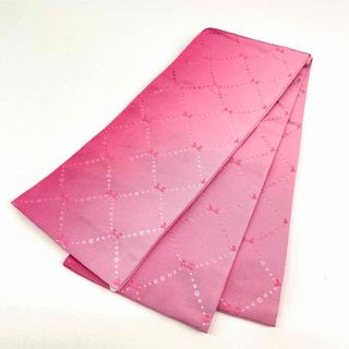 半幅帯　リバーシブル　ピンクグラデ格子リボン×淡いピンクバラ地紋　浴衣に♪小袋帯(浴衣帯)