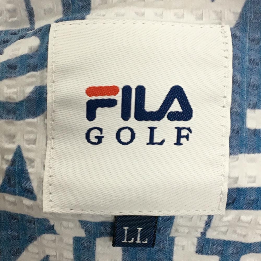 FILA(フィラ)の【美品】フィラゴルフ ハーフパンツ 白×ネイビー 英字総柄 サッカー生地 ストレッチ メンズ LL ゴルフウェア FILA GOLF スポーツ/アウトドアのゴルフ(ウエア)の商品写真