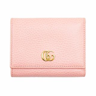 グッチ(GUCCI)の【美品】GUCCI グッチ 三つ折り財布 レザー コンパクトウォレット シグネチャー ロゴ GG マーモント 金 チャーム ミニ財布 小物 レディース ピンク 桃色 イタリア製 474746(財布)