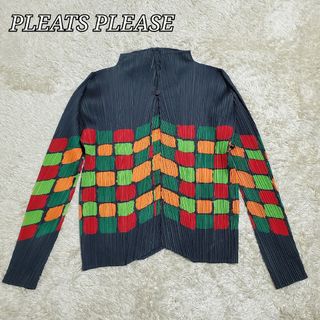 極美品✨PLEATS PLEASE　カーディガン　チェック　マルチカラー　3