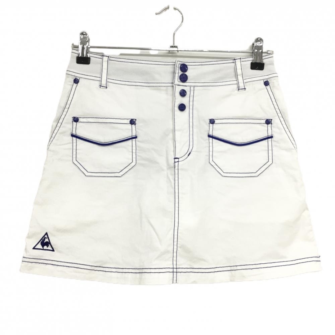 le coq sportif(ルコックスポルティフ)の【美品】ルコックゴルフ スカート 白 ステッチブルー ストライプ地模様  レディース 9 ゴルフウェア le coq sportif スポーツ/アウトドアのゴルフ(ウエア)の商品写真