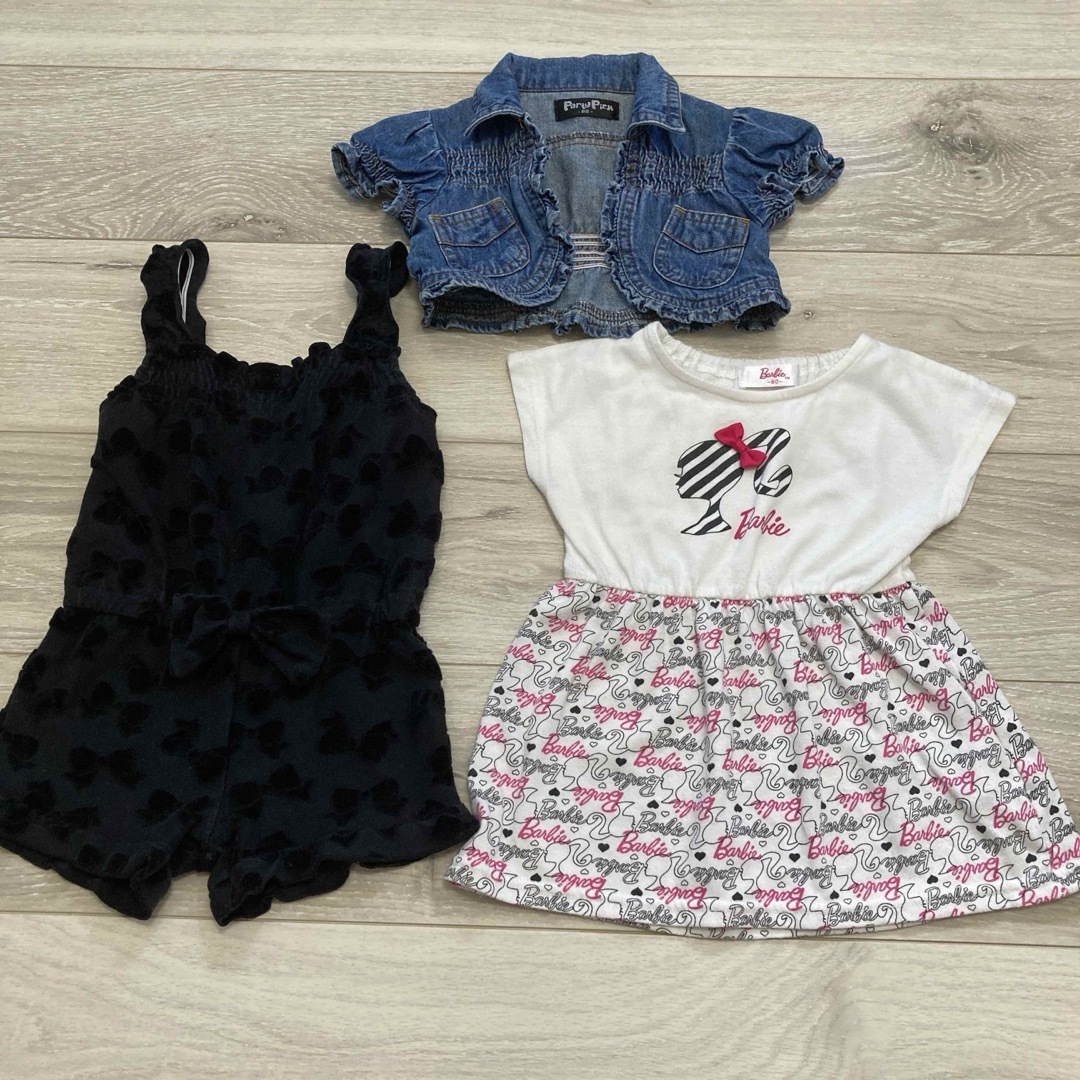 Barbie(バービー)の８０　ワンピース　サロペットパンツ　ボレロ　セット　barbie しまむら キッズ/ベビー/マタニティのベビー服(~85cm)(ワンピース)の商品写真