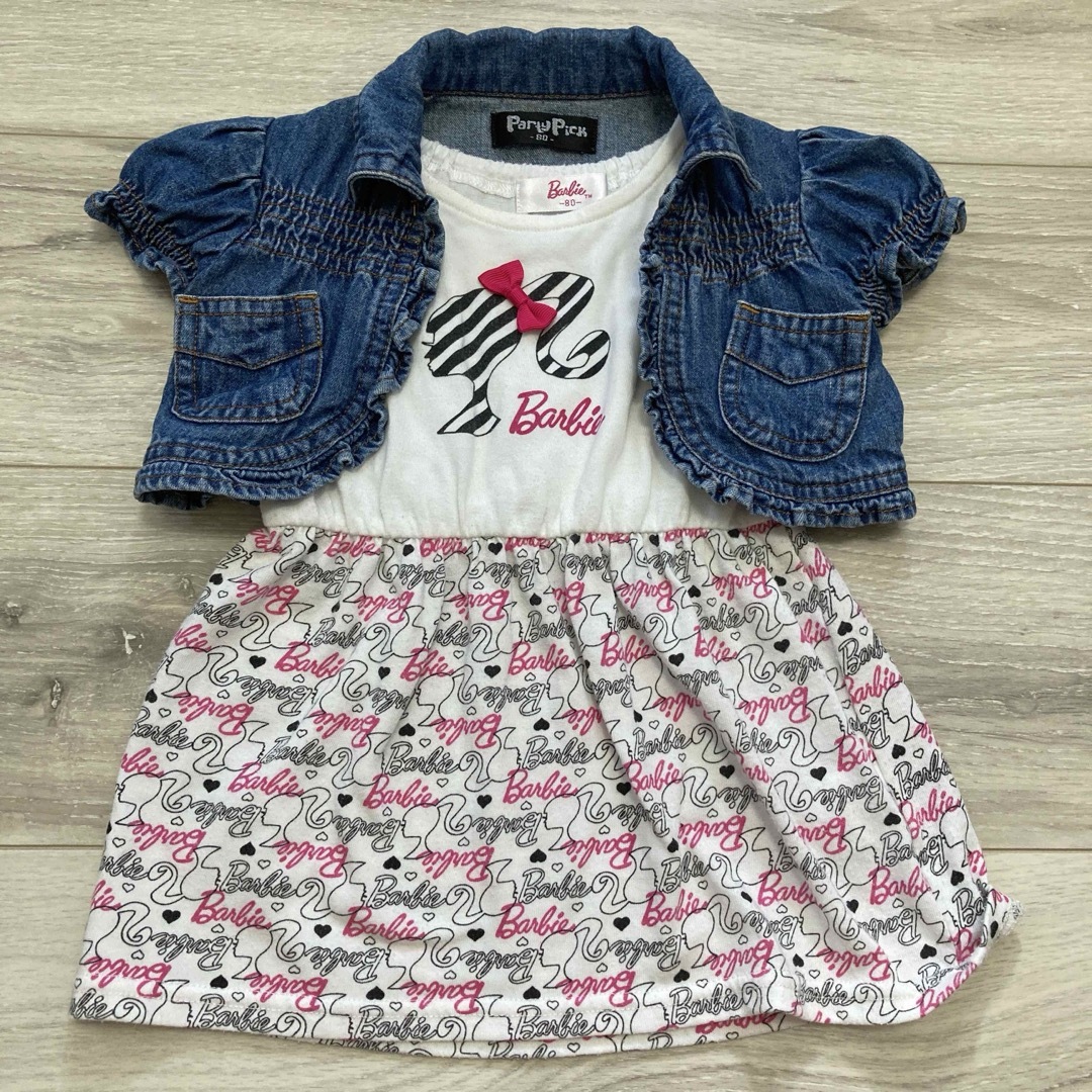 Barbie(バービー)の８０　ワンピース　サロペットパンツ　ボレロ　セット　barbie しまむら キッズ/ベビー/マタニティのベビー服(~85cm)(ワンピース)の商品写真