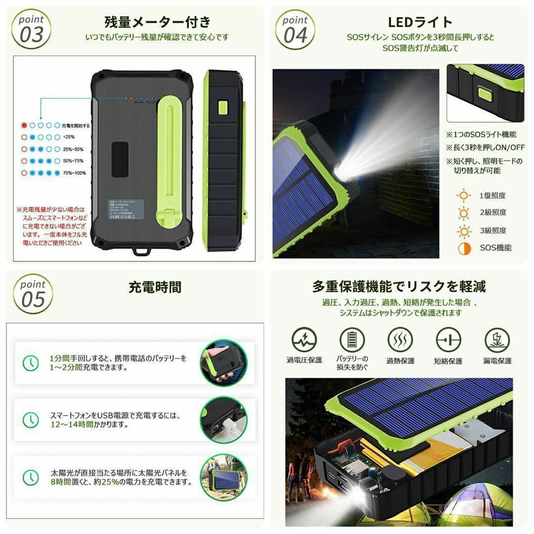 【ソーラー充電器】バッテリー災害対応 LEDライト付き防水　12000mAh スマホ/家電/カメラのスマホアクセサリー(その他)の商品写真