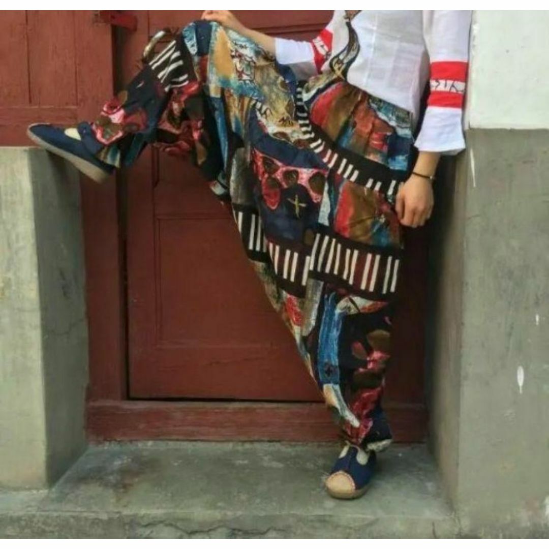 新品　リネン麻　コーヒー柄　目玉　アラジン　エスニック　サルエルパンツ　裾ゴム メンズのパンツ(サルエルパンツ)の商品写真