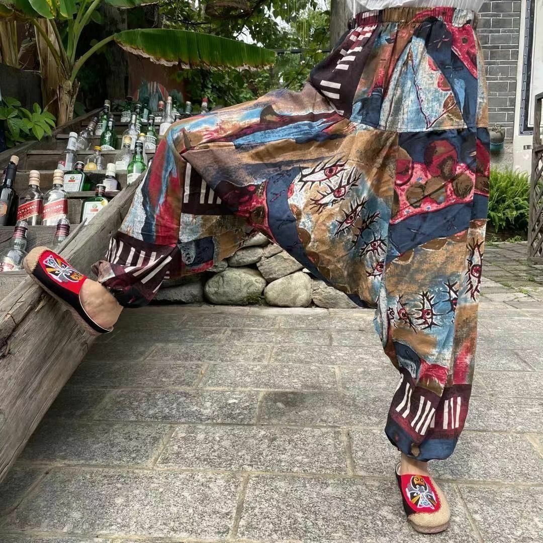新品　リネン麻　コーヒー柄　目玉　アラジン　エスニック　サルエルパンツ　裾ゴム メンズのパンツ(サルエルパンツ)の商品写真