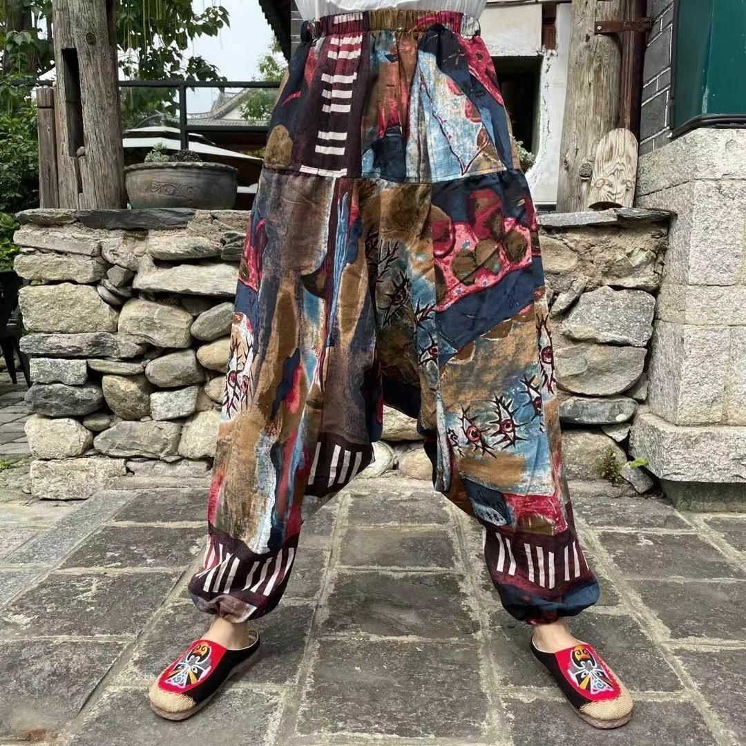 新品　リネン麻　コーヒー柄　目玉　アラジン　エスニック　サルエルパンツ　裾ゴム メンズのパンツ(サルエルパンツ)の商品写真