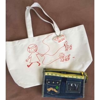 可愛い女の子と犬イラストトートバッグチャーム付き&デニムポーチ筆箱(トートバッグ)