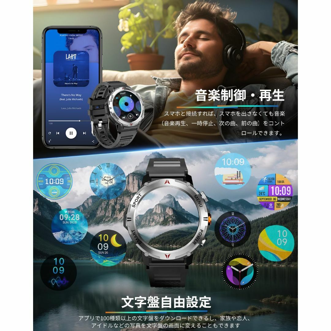 【特価セール】スマートウォッチ【2024冬新登場 軍用規格 懐中電灯】Bluet スマホ/家電/カメラの美容/健康(その他)の商品写真