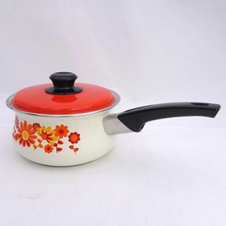 ◆【キッチン】昭和レトロ ホーロー片手鍋18cm オレンジ花柄 生活雑貨【中古】 [0220528226](鍋/フライパン)