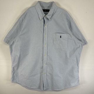 ラルフローレン(Ralph Lauren)の古着 ラルフローレン RALPH LAUREN 半袖シャツ ロゴ 刺繍 大きいサイズ ボタンダウン XXL  水色 ストライプ メンズ(シャツ)
