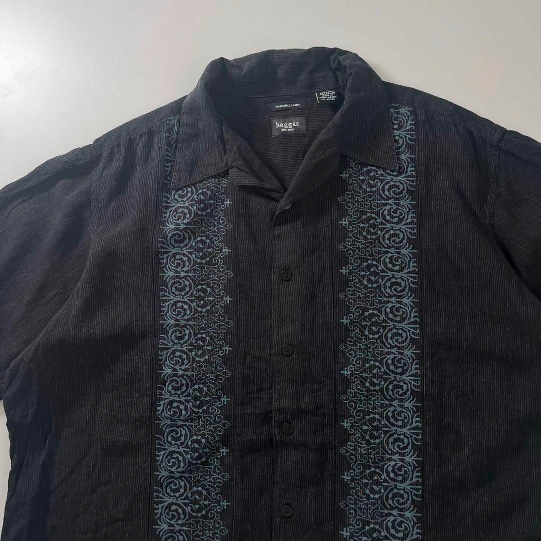 VINTAGE(ヴィンテージ)のhaggar 古着 オープンカラーシャツ リネンシャツ キューバシャツ ブラック メンズのトップス(Tシャツ/カットソー(半袖/袖なし))の商品写真
