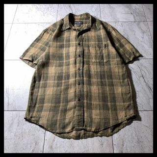 00s Eddie Bauer リネン チェックシャツ 半袖 カーキ ブラウン