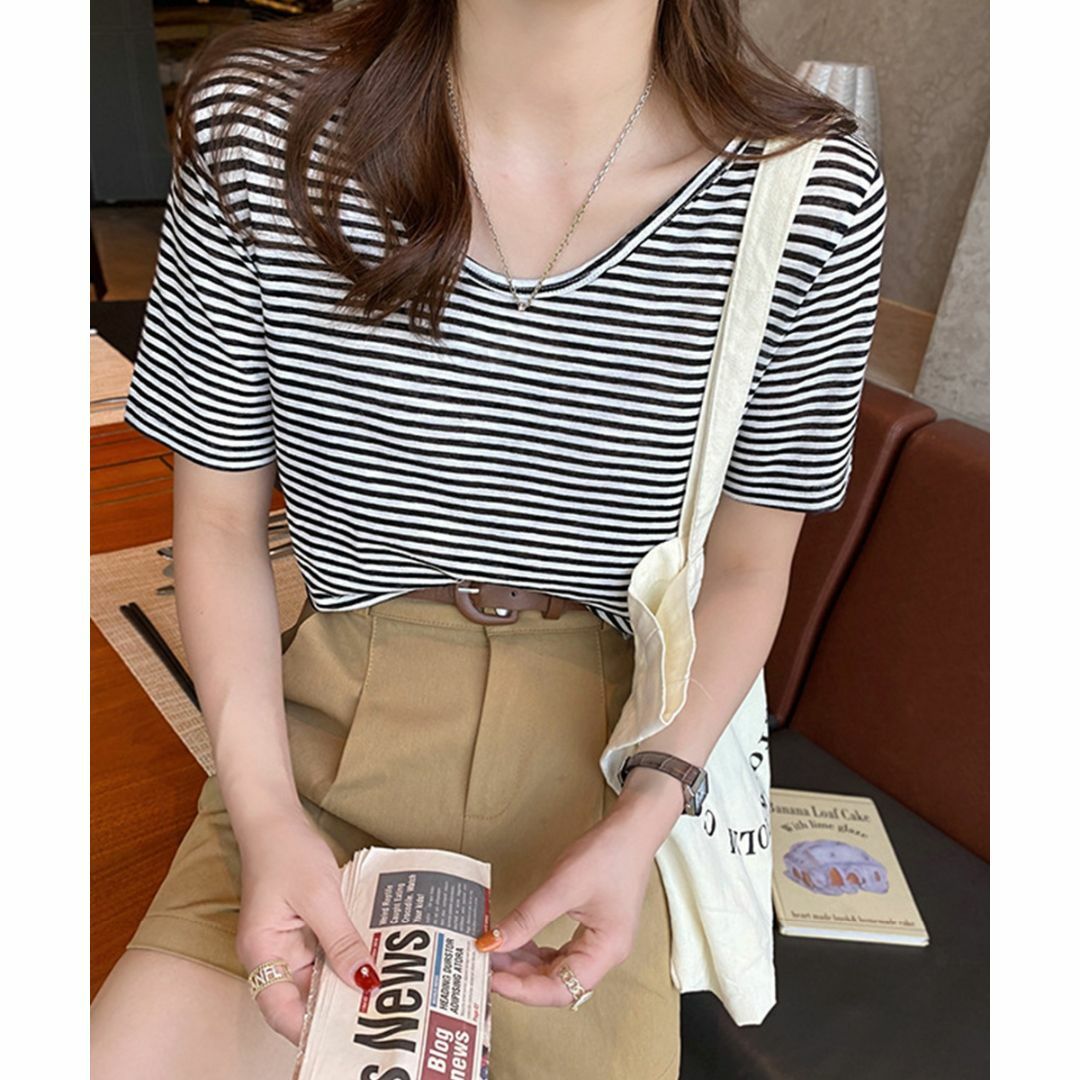 ■新品■ Vネックカットソー 夏 ボーダー柄Tシャツ シンプルカットソー 着やせ レディースのトップス(Tシャツ(半袖/袖なし))の商品写真