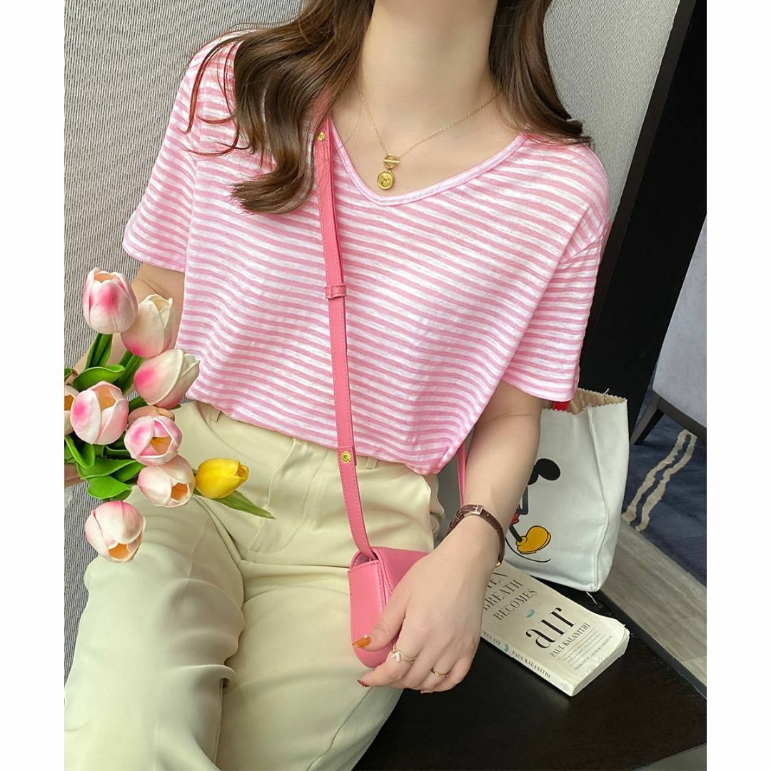 ■新品■ Vネックカットソー 夏 ボーダー柄Tシャツ シンプルカットソー 着やせ レディースのトップス(Tシャツ(半袖/袖なし))の商品写真