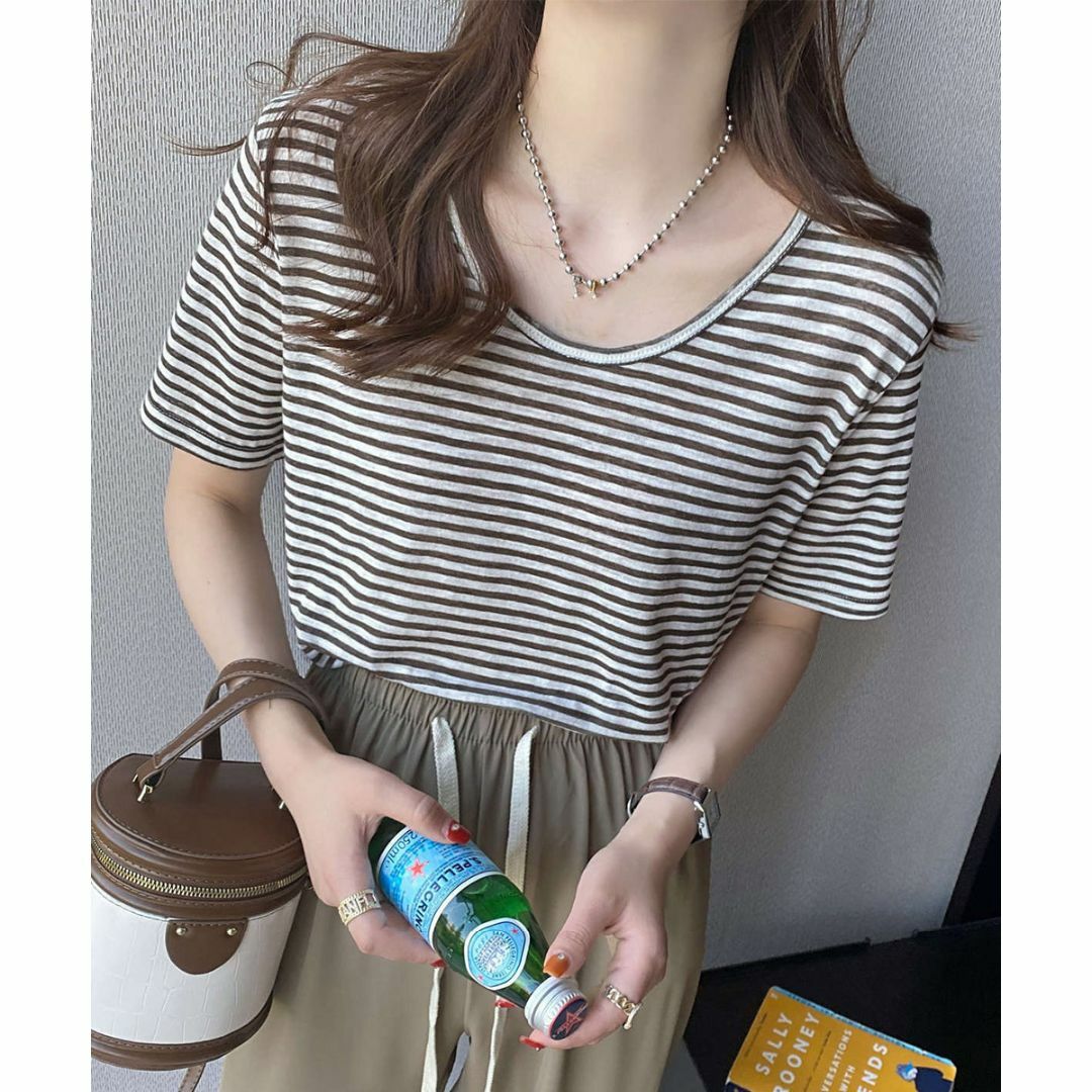 ■新品■ Vネックカットソー 夏 ボーダー柄Tシャツ シンプルカットソー 着やせ レディースのトップス(Tシャツ(半袖/袖なし))の商品写真