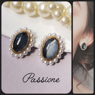 【一点物】ブラックマグオーバル＆パール ピアス/イヤリング(ピアス)