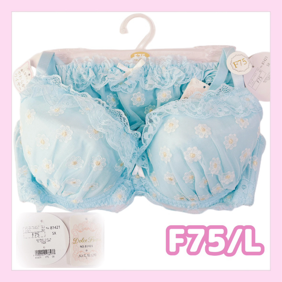 ブラジャーショーツ　F75/L サックス　花柄刺繍　ドルチェフィオラ　甘×清楚 レディースの下着/アンダーウェア(ブラ&ショーツセット)の商品写真