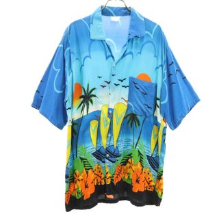 古着 80s ヴィンテージ 南国風景 半袖 アロハシャツ XL 水色 開襟 メンズ(シャツ)
