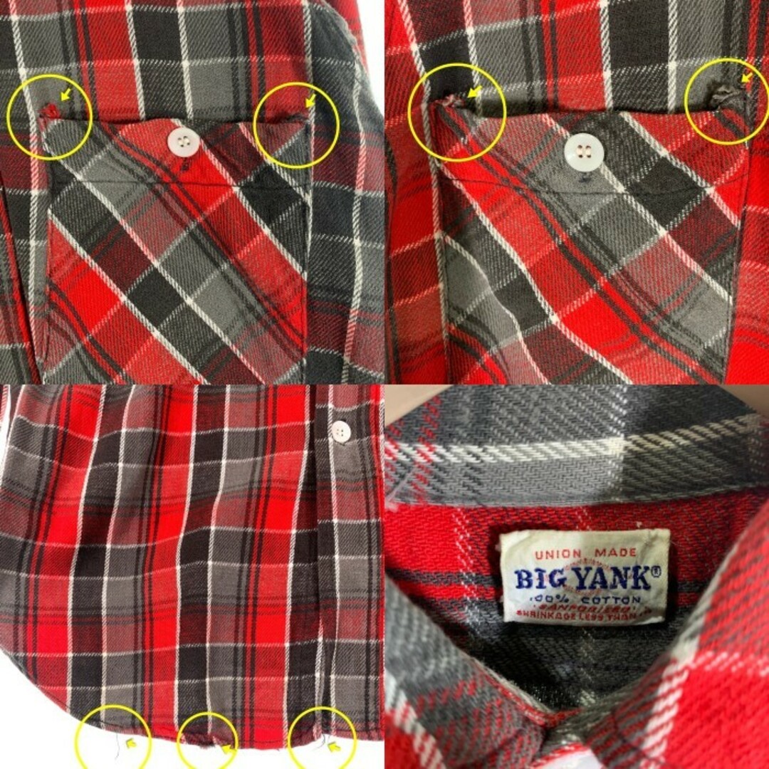 BIG YANK(ビッグヤンク)の60's BIG YANK ビッグヤンク マチ付 フランネルチェックシャツ レッド Size S 相当 メンズのトップス(シャツ)の商品写真