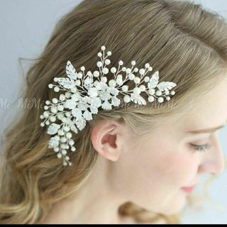 フラワーヘッドドレス結婚式パールヘアアクセサリーaシルバーウェディングブライダル(その他)
