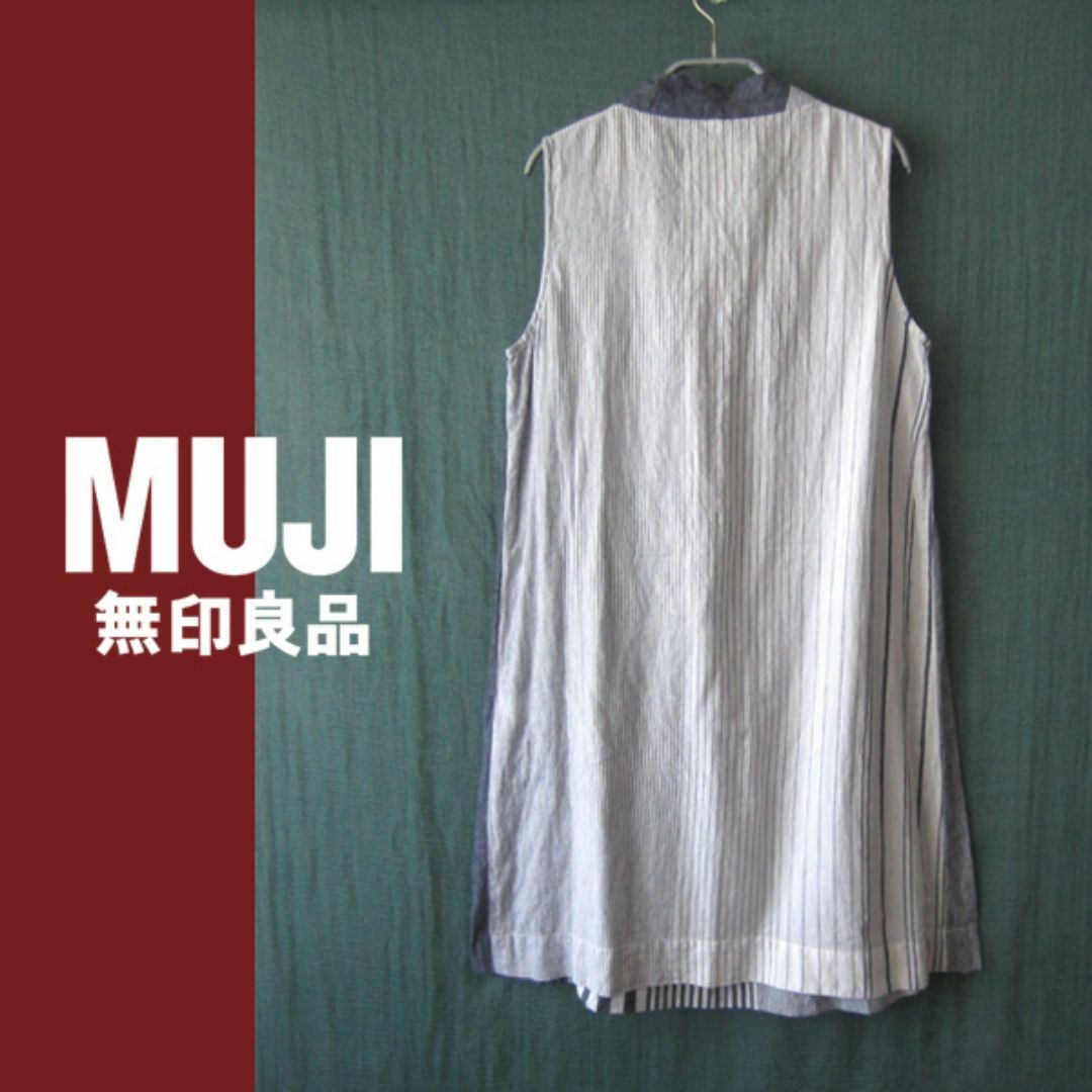 MUJI (無印良品)(ムジルシリョウヒン)の美品　MUJI／無印良品★　薄手コットン　ストライプ　ひざ丈ワンピース　M レディースのワンピース(ひざ丈ワンピース)の商品写真