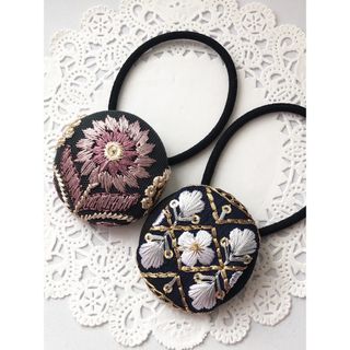 インド刺繍 くるみボタン38㎜ ヘアゴム 2個セット E