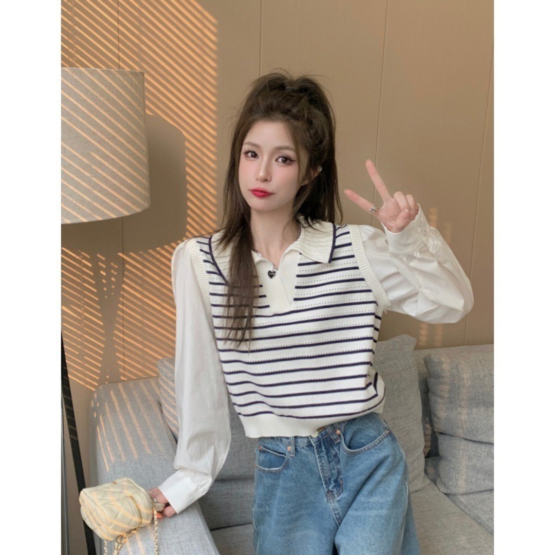 【残り１点】レデイース　ボーダー　白黒　韓国　長袖シャツ　フリーサイズ レディースのトップス(Tシャツ(長袖/七分))の商品写真