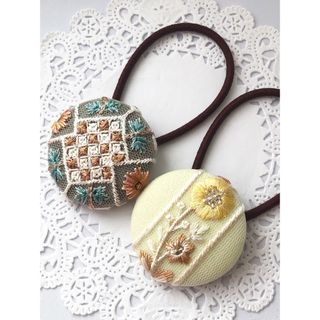 インド刺繍 くるみボタン38㎜ ヘアゴム 2個セット G
