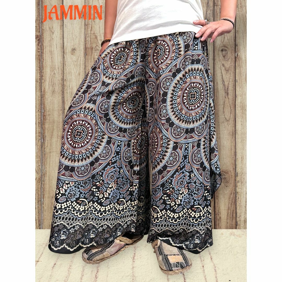アジアン紋様柄ワイドパンツ　ヒッピー　フレアパンツ　エスニック　アジアン レディースのパンツ(その他)の商品写真