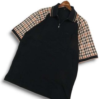DAKS GOLF ダックス ゴルフ 春夏 ロゴ刺繍★ ラグラン チェック切替 半袖 ハーフジップ ポロシャツ Sz.M メンズ 黒 日本製(ウエア)