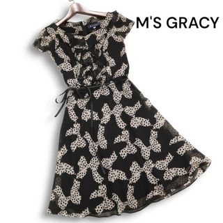 エムズグレイシー(M'S GRACY)のM'S GRACY エムズグレイシー 春夏 ドット リボン♪ 総柄 半袖 フリル ワンピース Sz.40　レディース 日本製(その他)