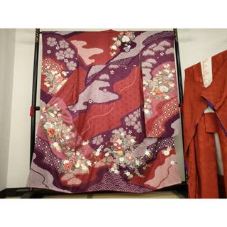 平和屋着物●豪華振袖・長襦袢(袷)セット　駒刺繍　絞り　御所車花文　金銀彩　正絹　逸品　AAAY1228ck(振袖)