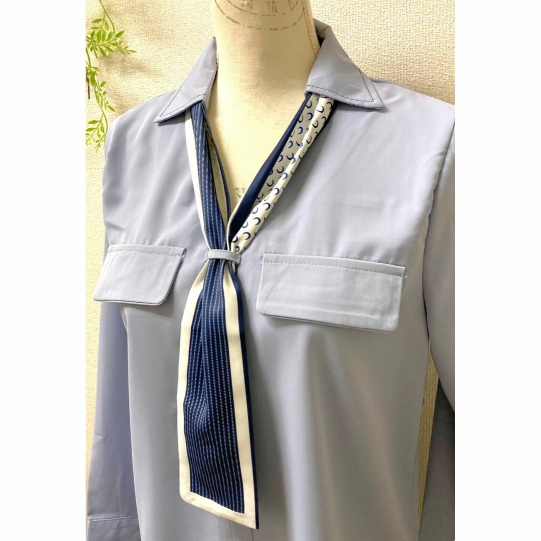 ★レディース 長袖ブラウス ネクタイ付き Vネック ボタンアップ シーブルー M レディースのトップス(シャツ/ブラウス(長袖/七分))の商品写真