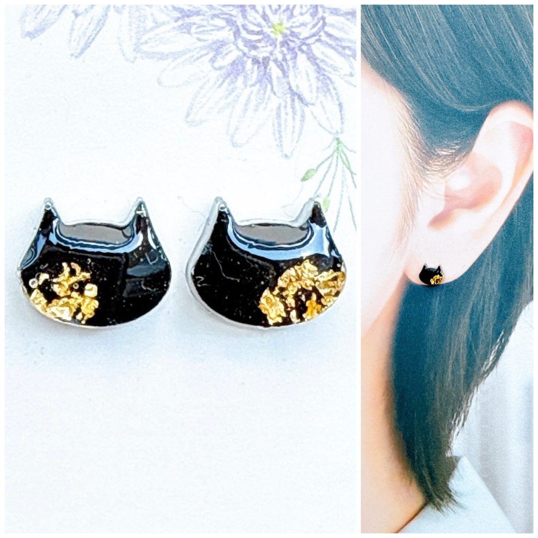 jelブラック8mm猫ピアス/イヤリング 人気 再販 ハンドメイドのアクセサリー(ピアス)の商品写真
