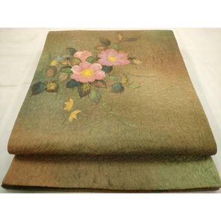 平和屋着物◎太鼓柄袋帯　和紙　草花文　正絹　逸品　AAAX4069dt